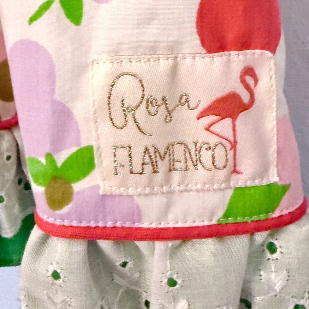 Rosa Flamengo Girl’s Floral Dress W/Eyelet Sleeves/Hem Handmade NWT - Picture 8 of 10